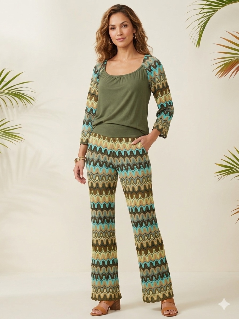 Vintage VaVa by Joy HaN Womens 70s Style Crochet Knit Two Piece Pants and Blouse